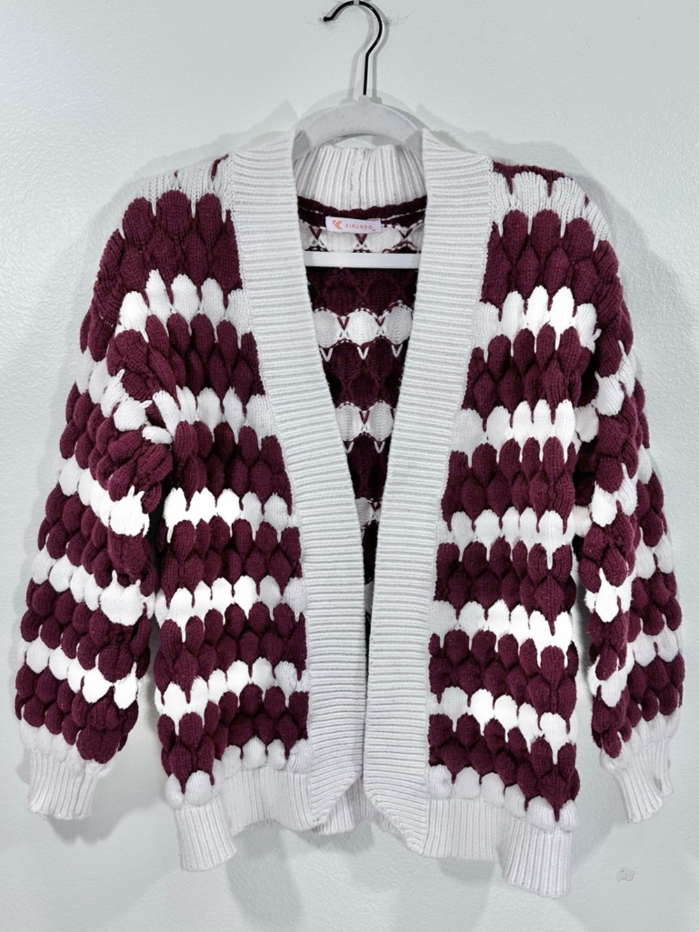 Kirundo Chunky Knit Open Front Cardigan Lantern Sleeve Cozy Sweater Wine Red M